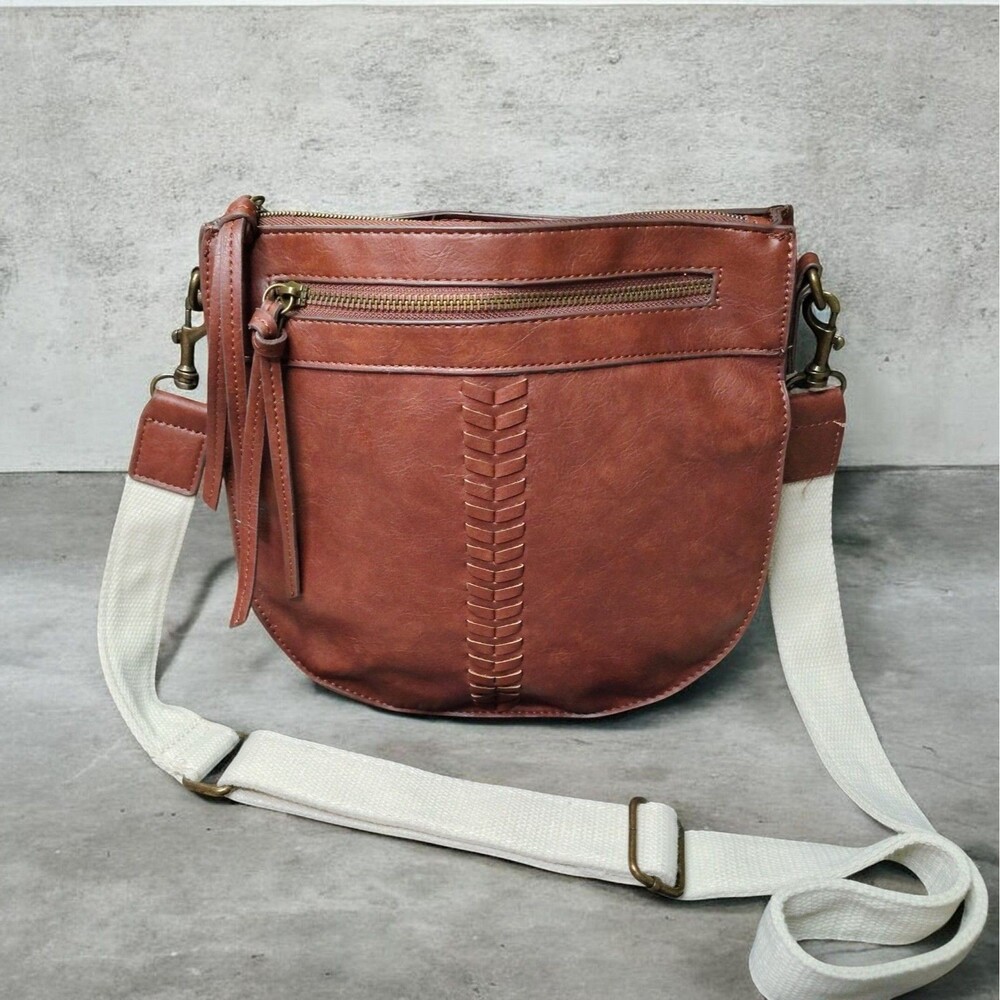 Faux Leather Crossbody Bag Brown Whipstitch Purse Canvas Strap Zip Top Shoulder